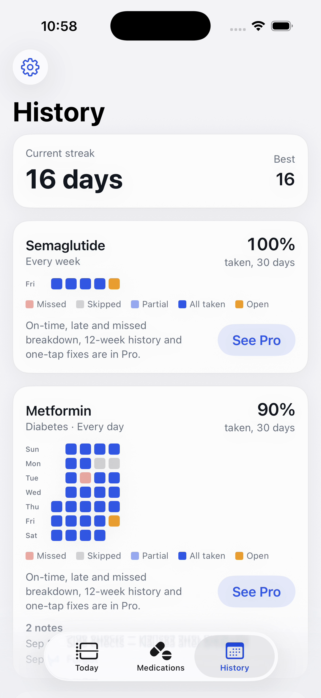 History with per-medication heat map and insight